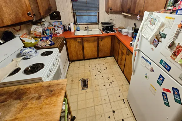 An after photo of the kitchen from the previous image. The surfaces have been cleaned, organized and the access and use of the space has been restored.