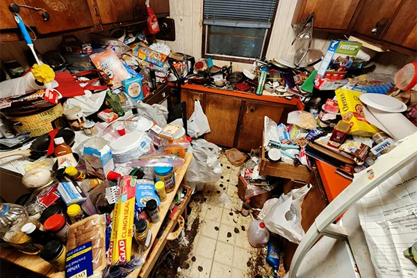 A before photo of a kitchen overwhelmed with food, products, dishes, and an accumulation of items.